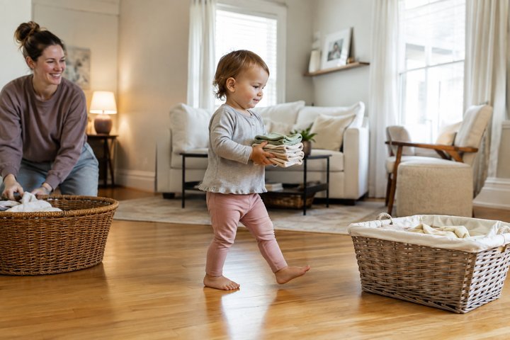 A 21-month-old carrying folded washcloths between two baskets while a parent watches
