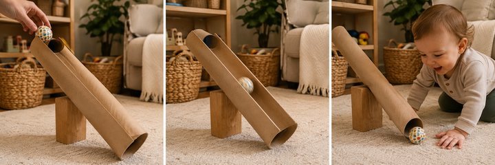 Three-panel sequence: a ball dropped into a propped cardboard tube, rolling through, then found by a 15-month-old at the bottom