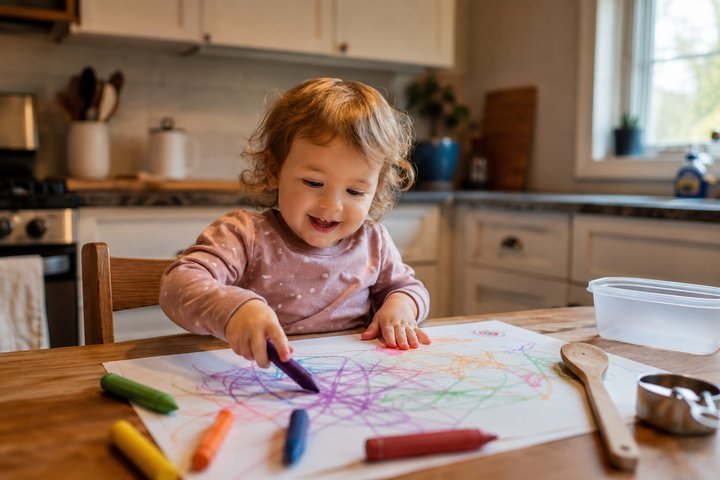 A 2-year-old at a kitchen table scribbling on a large sheet of paper with chunky crayons