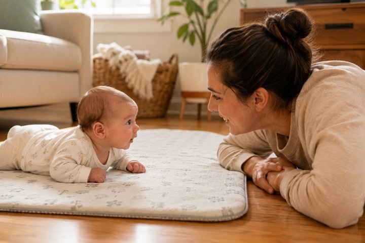 An awake newborn on a firm floor mat during supervised tummy time with a parent lying face-to-face nearby