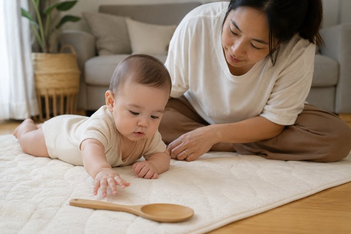 A 5-month-old baby awake on a floor mat reaching toward a large wooden spoon while a parent sits directly beside them