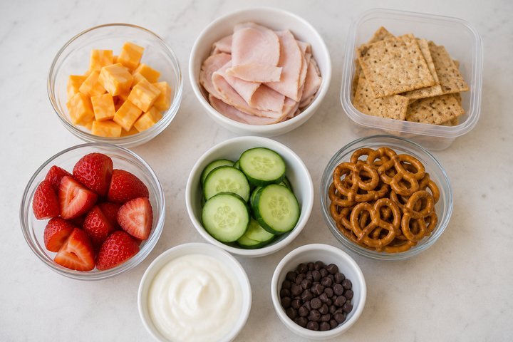 Everyday lunch ingredients laid out in bowls, ready to mix and match