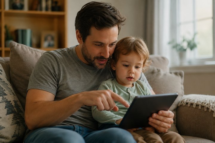 A parent and toddler watching a chosen video together on a tablet