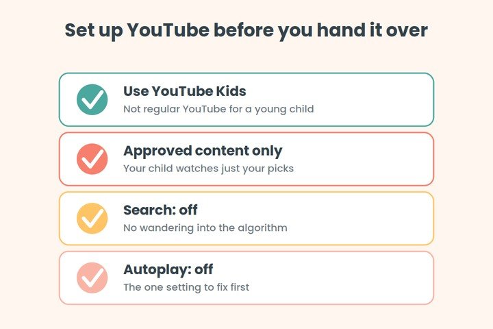 A checklist of safe YouTube settings: use YouTube Kids, approved content only, search off, autoplay off