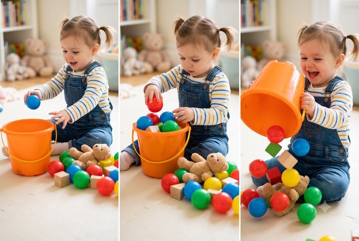 One-year-old filling and dumping objects from a mixing bowl