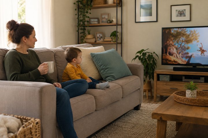 A parent and toddler watching a calm show together on the couch