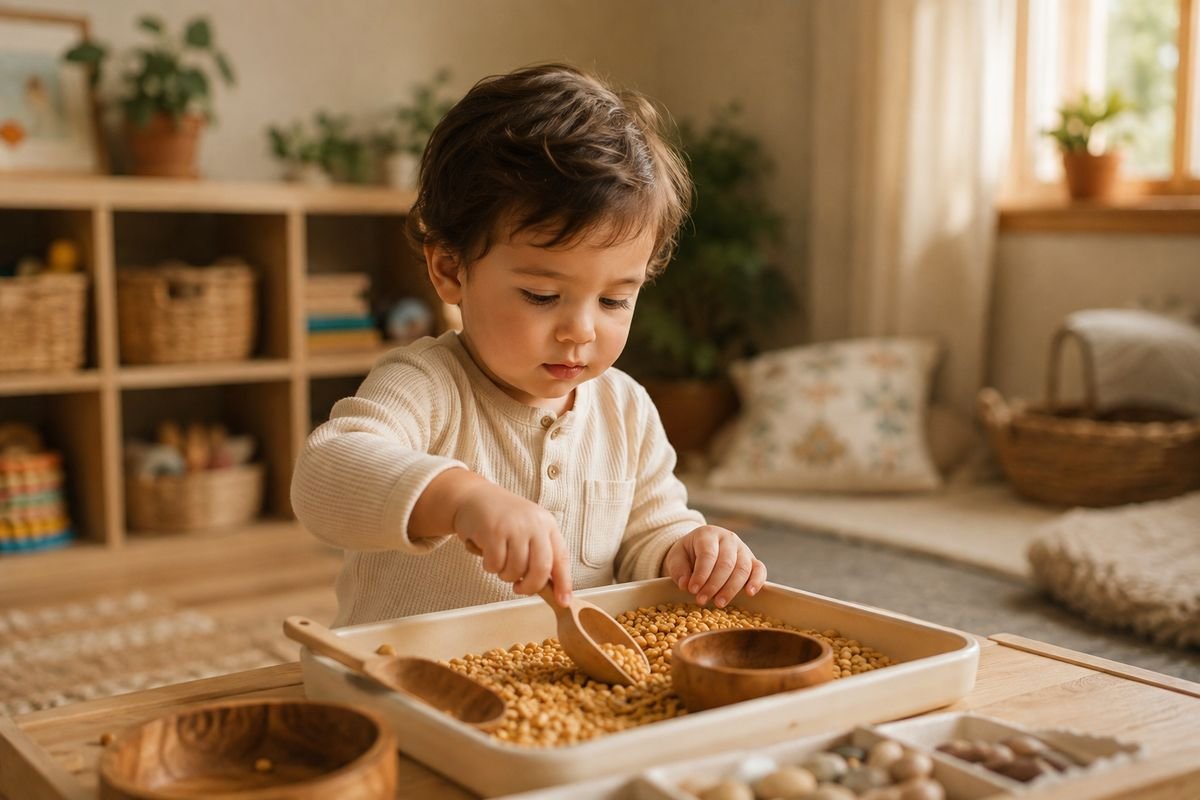 A toddler busy with a sensory play tray