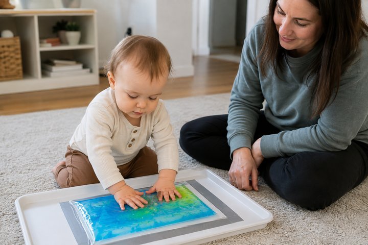 A 1-year-old pressing a securely taped sensory bag on a low tray while a parent sits nearby