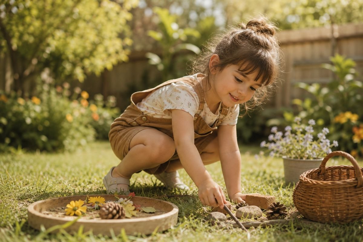 A child playing outside in a garden