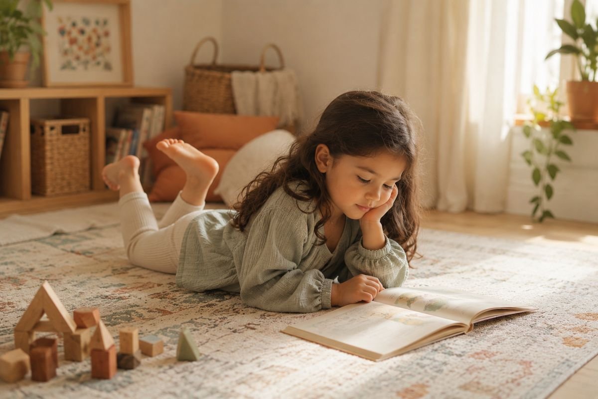 A child reading quietly on a rug
